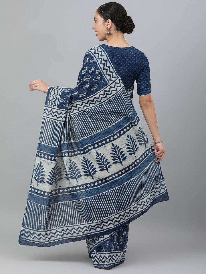 Indigo Hand-Block Cotton Saree - Uboric