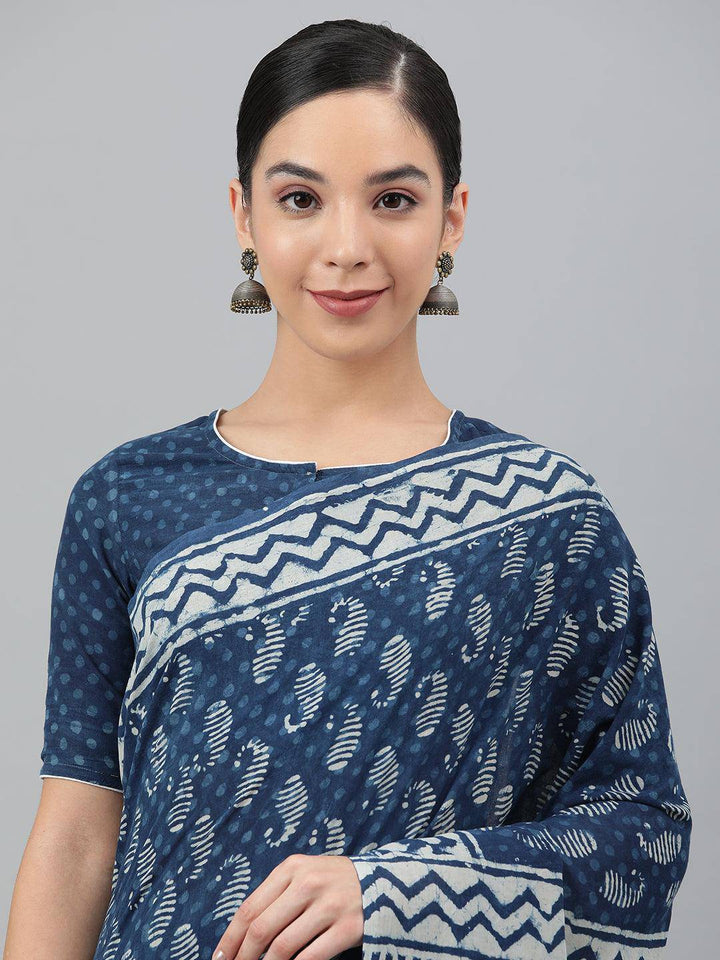 Indigo Hand-Block Cotton Saree - Uboric