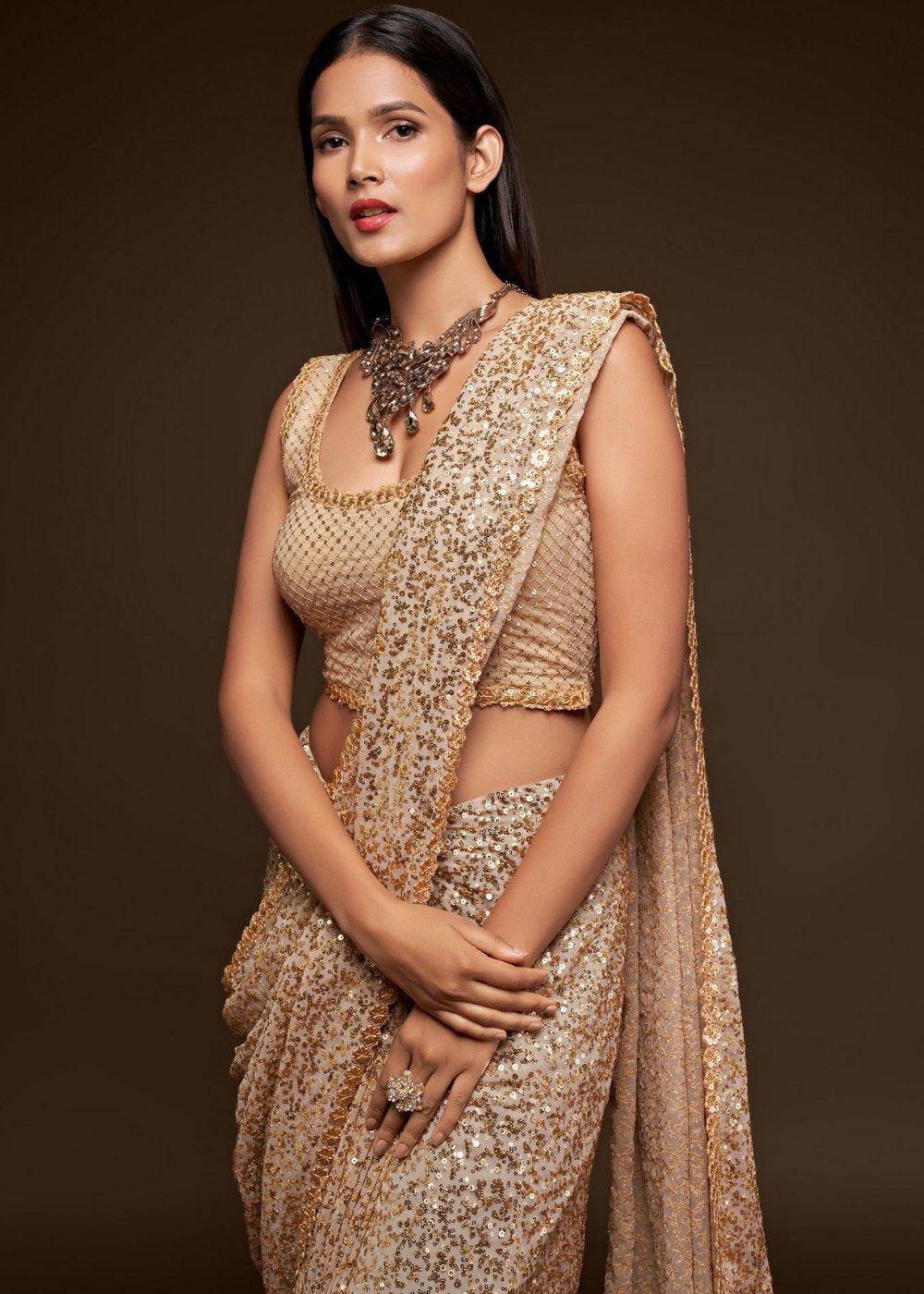 Ivory White Sequins & Thread Embroidered Designer Georgette Saree (Fully Stitched & Ready to wear) - Uboric