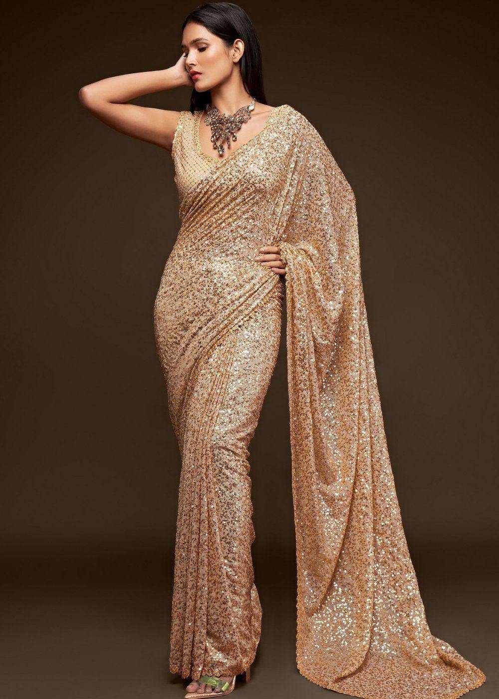 Ivory White Sequins & Thread Embroidered Designer Georgette Saree (Fully Stitched & Ready to wear) - Uboric