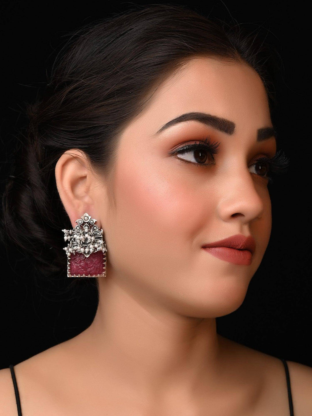 Jemini Oxidised Earrings With Ruby Carved Stone - Uboric