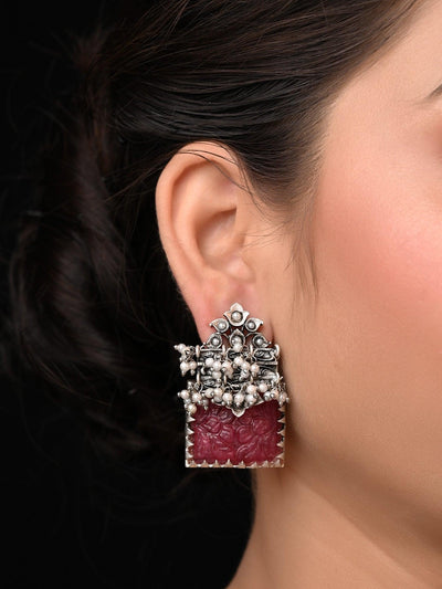 Jemini Oxidised Earrings With Ruby Carved Stone - Uboric