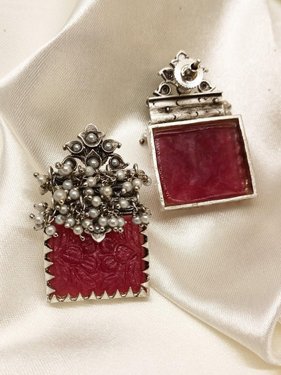 Jemini Oxidised Earrings With Ruby Carved Stone - Uboric