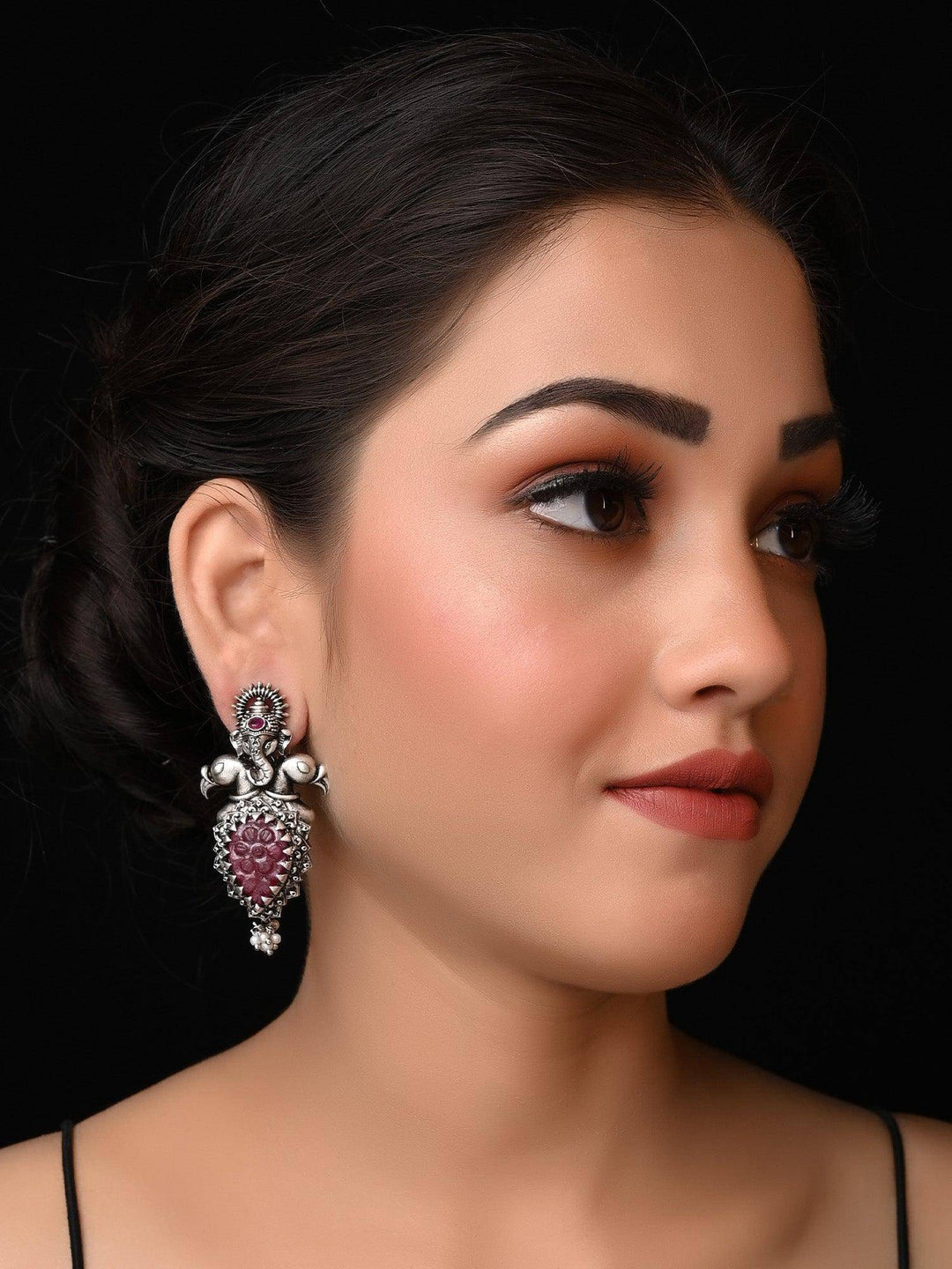 Jessie Ganesha Earrings With Maroon Carved Stone - Uboric