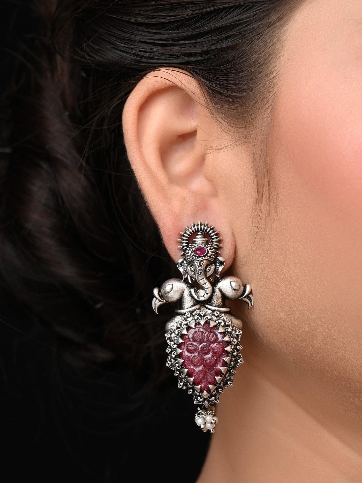 Jessie Ganesha Earrings With Maroon Carved Stone - Uboric