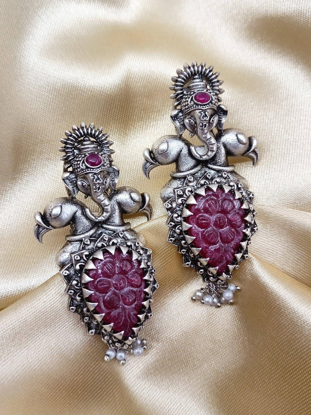 Jessie Ganesha Earrings With Maroon Carved Stone - Uboric