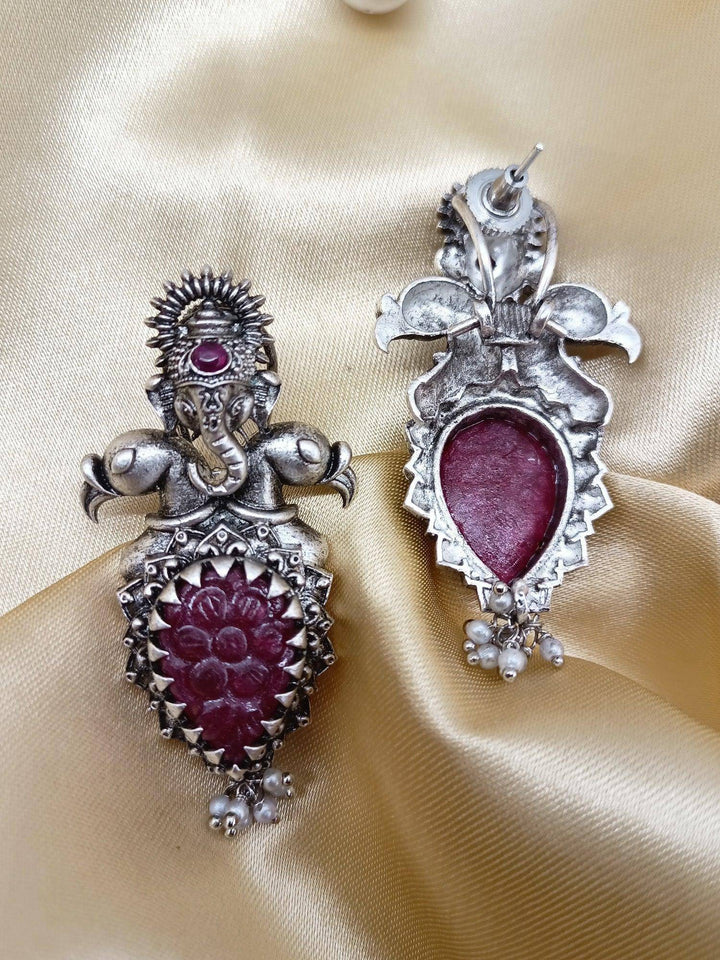 Jessie Ganesha Earrings With Maroon Carved Stone - Uboric