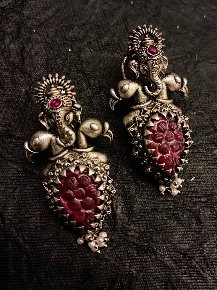 Jessie Ganesha Earrings With Maroon Carved Stone - Uboric