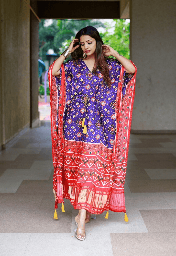 kaftan dress Pure Gaji Silk Kaftan work Bandhej Digital Print with Gotta Patti - Uboric