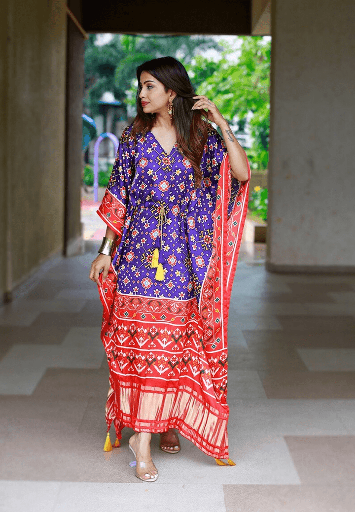 kaftan dress Pure Gaji Silk Kaftan work Bandhej Digital Print with Gotta Patti - Uboric