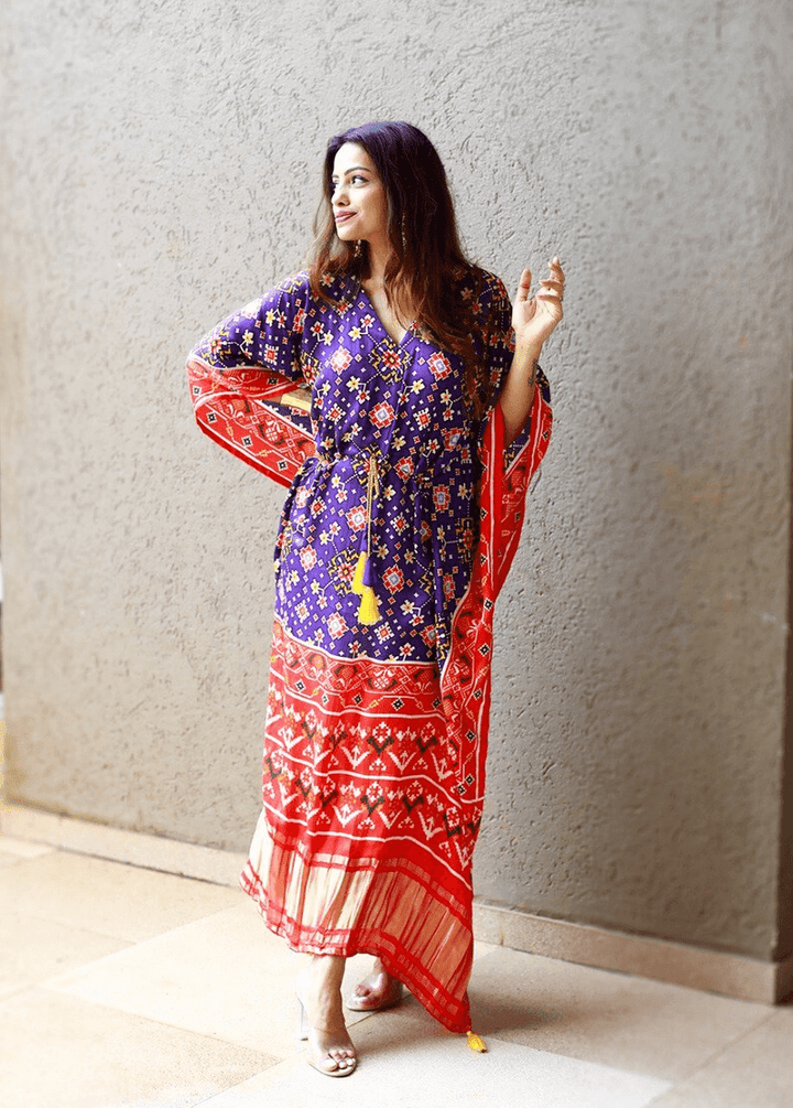 kaftan dress Pure Gaji Silk Kaftan work Bandhej Digital Print with Gotta Patti - Uboric