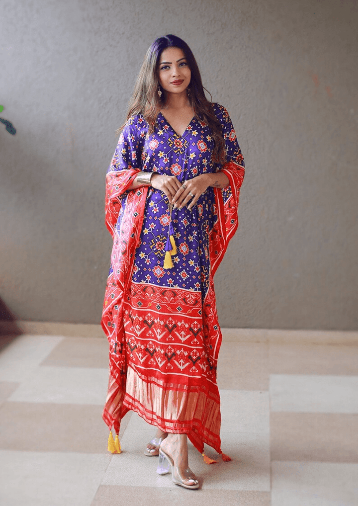 kaftan dress Pure Gaji Silk Kaftan work Bandhej Digital Print with Gotta Patti - Uboric