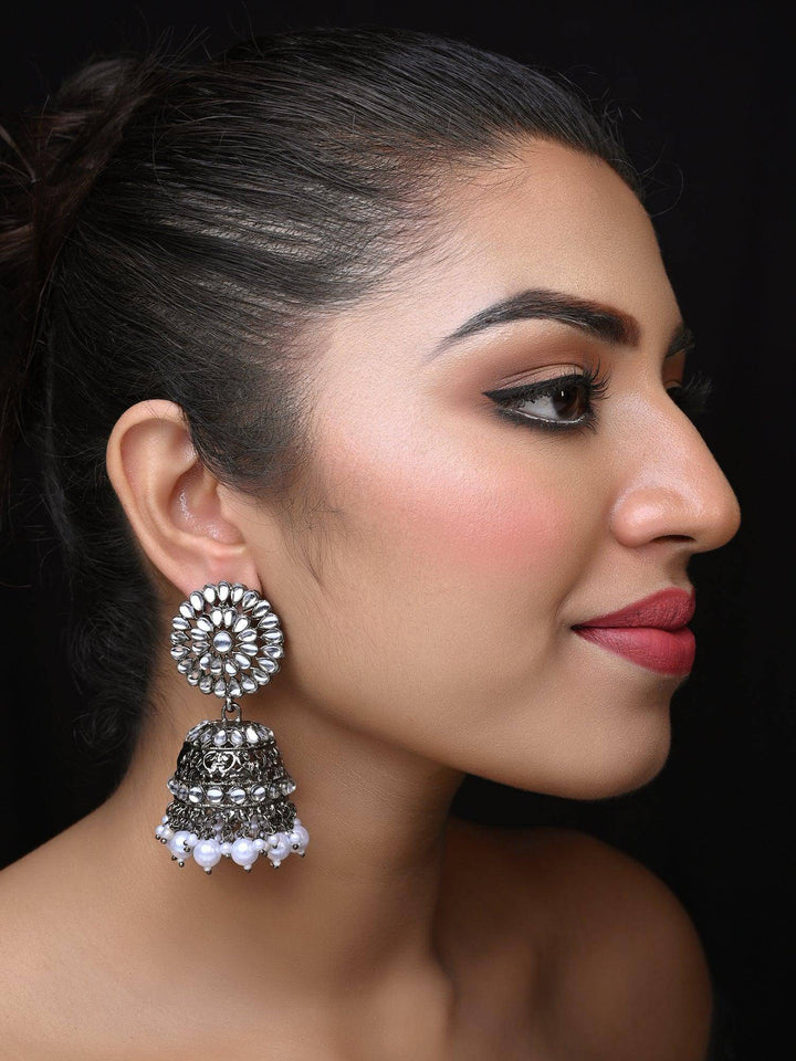 Kalki Pearl White Oxidized Silver Plated Jhumki - Uboric