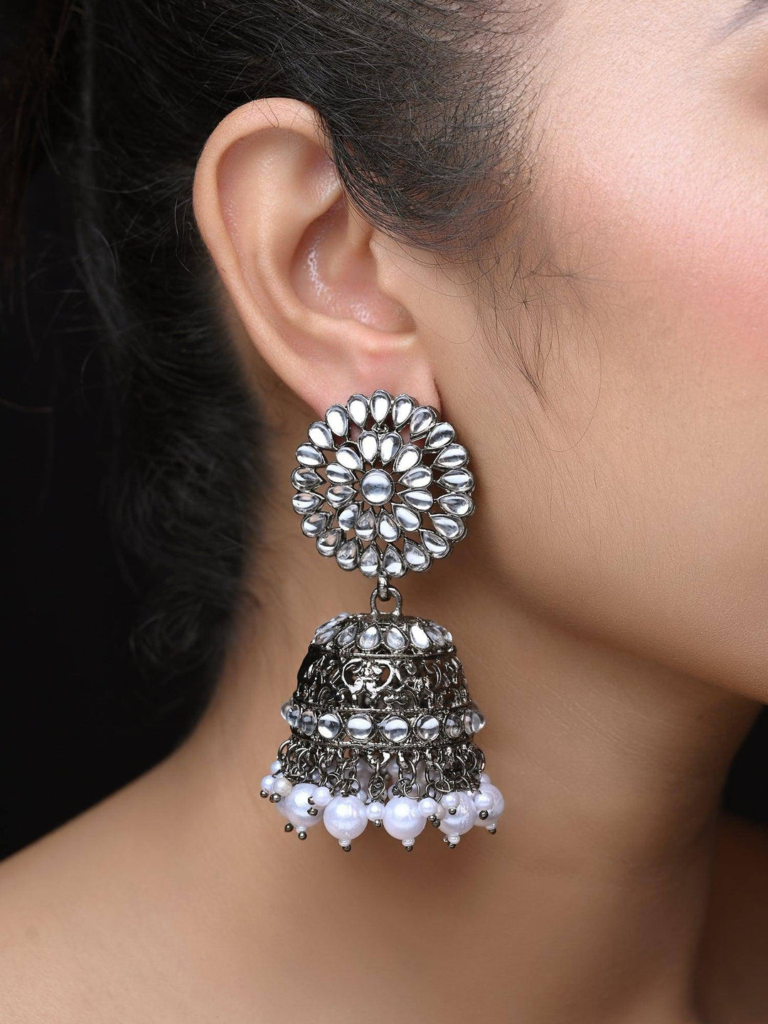 Kalki Pearl White Oxidized Silver Plated Jhumki - Uboric