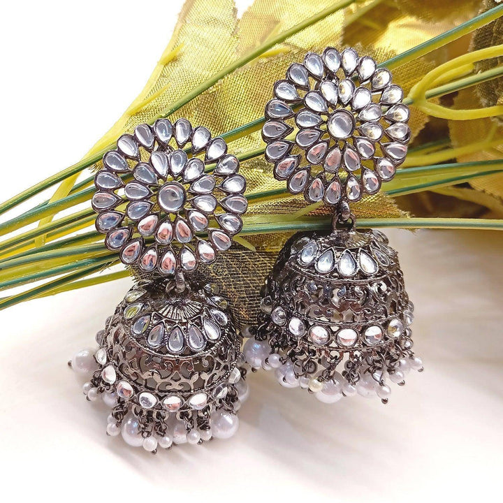 Kalki Pearl White Oxidized Silver Plated Jhumki - Uboric