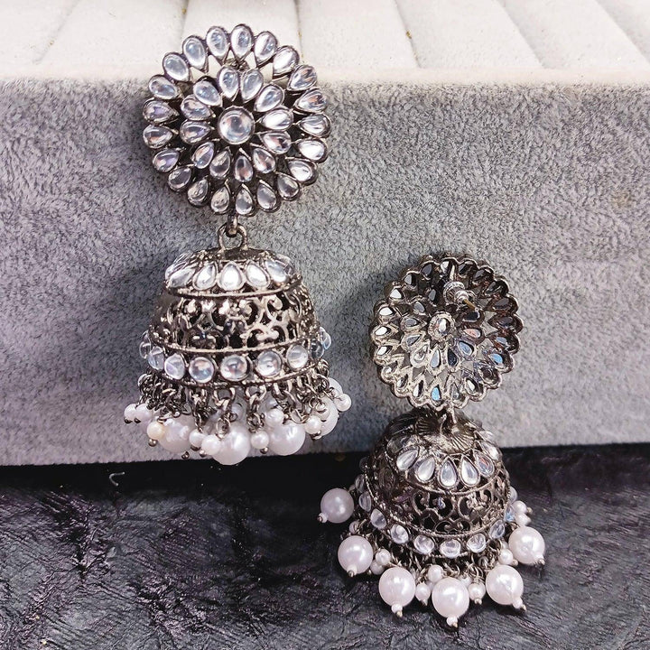 Kalki Pearl White Oxidized Silver Plated Jhumki - Uboric