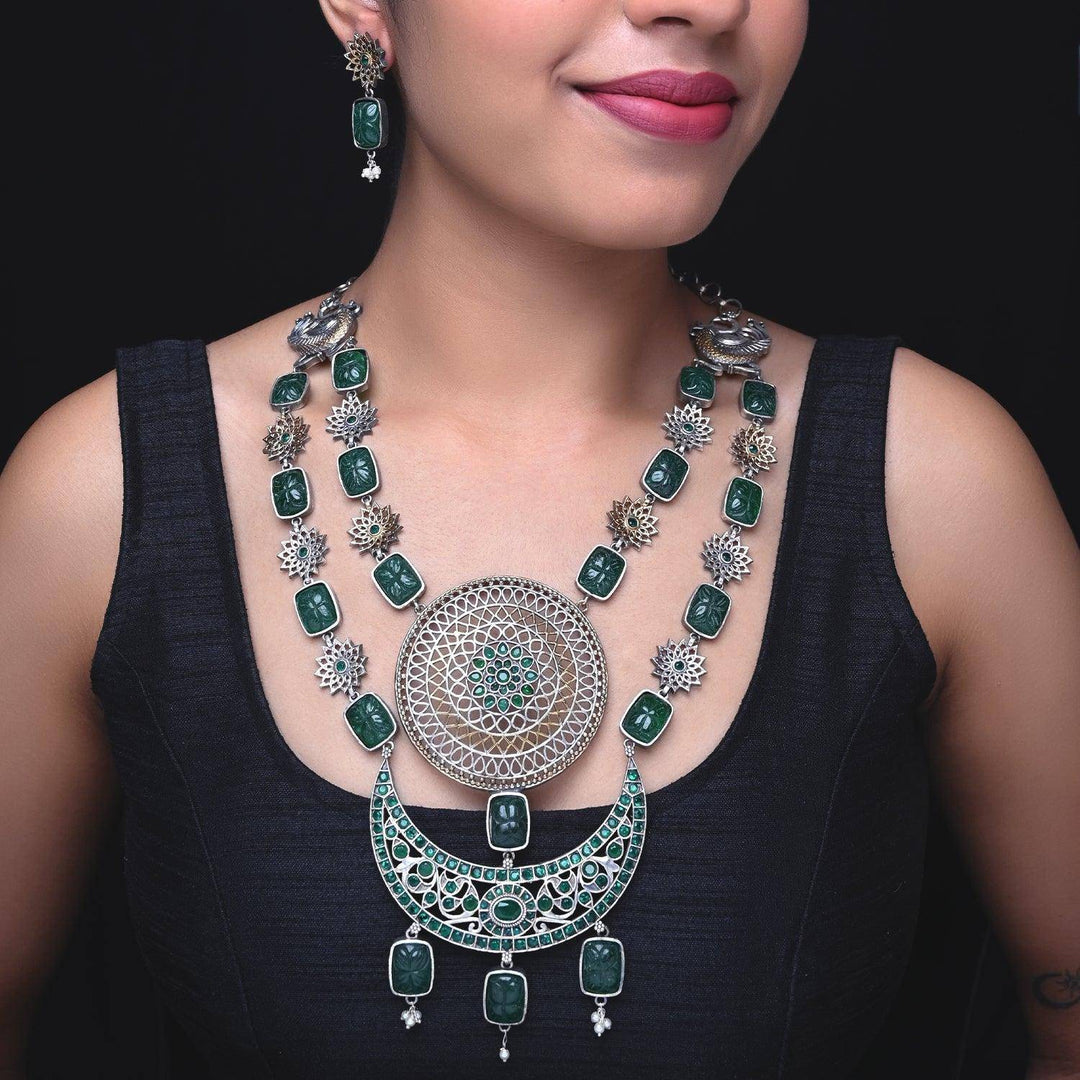 Khursheed Oxidised Necklace Set With Emerald Stone - Uboric