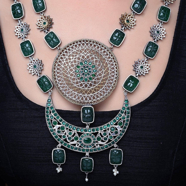 Khursheed Oxidised Necklace Set With Emerald Stone - Uboric