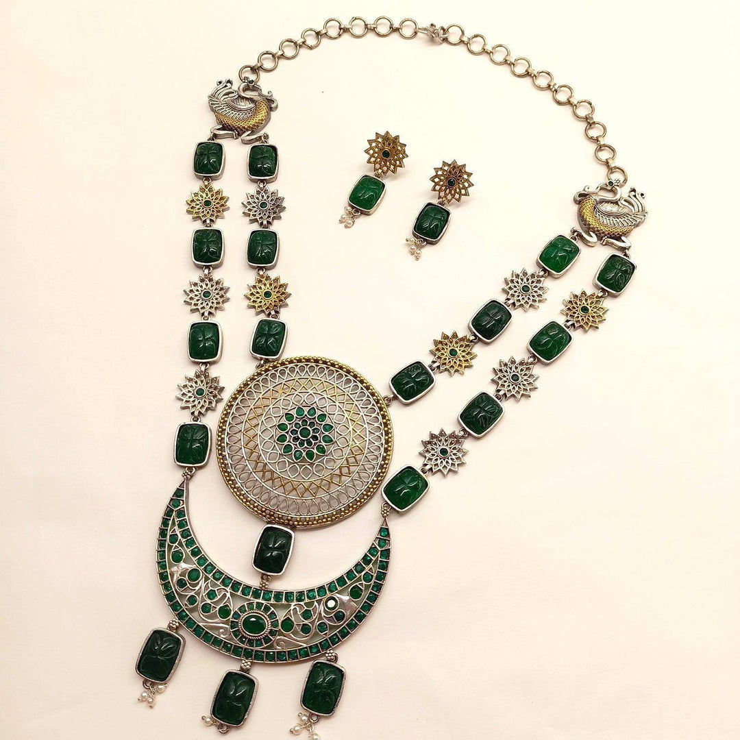 Khursheed Oxidised Necklace Set With Emerald Stone - Uboric