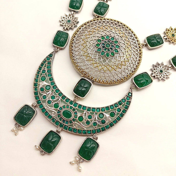 Khursheed Oxidised Necklace Set With Emerald Stone - Uboric