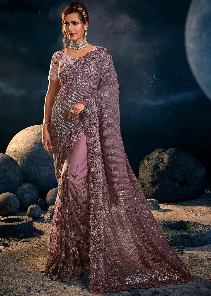 Lilac Purple Digital Net Saree with Thread,Sequence, Zarkan, Moti & All Over Flower Applique work & Imported Fabric Sequence Pallu (Fully Stitched & Ready to wear) - Uboric