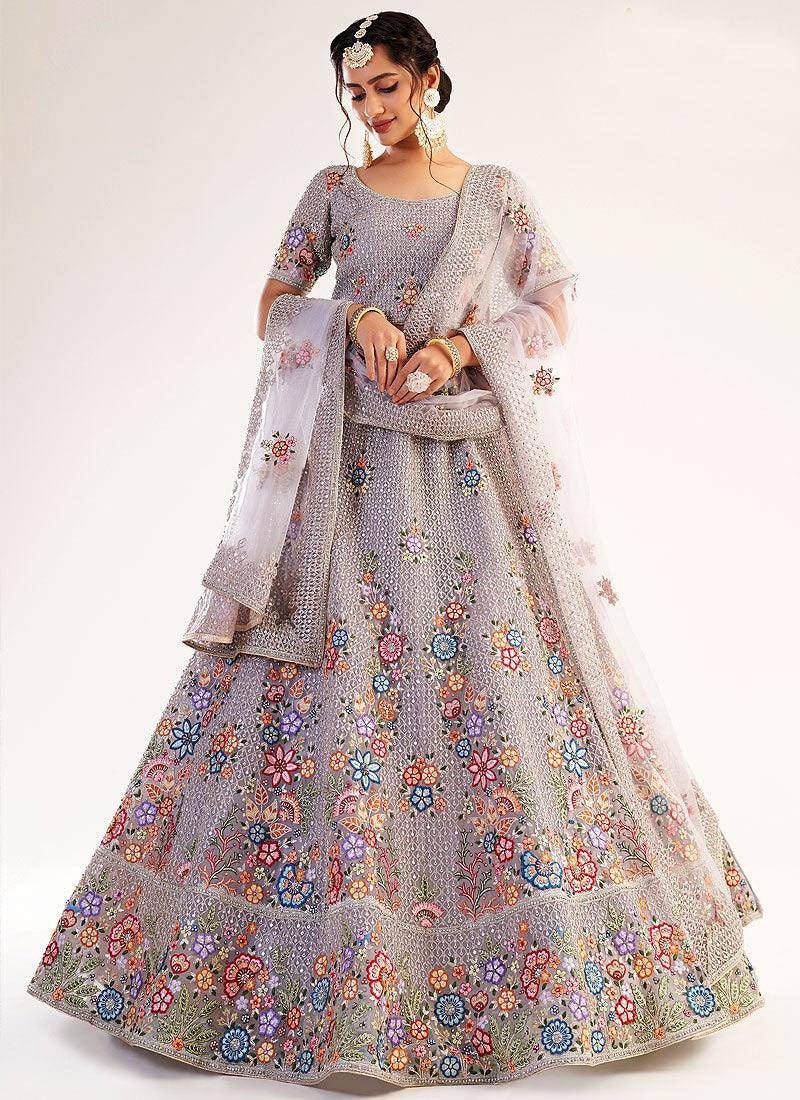 Lilac Purple Floral Embroidered Soft Net Wedding Lehenga Choli (Fully Stitched) - Uboric