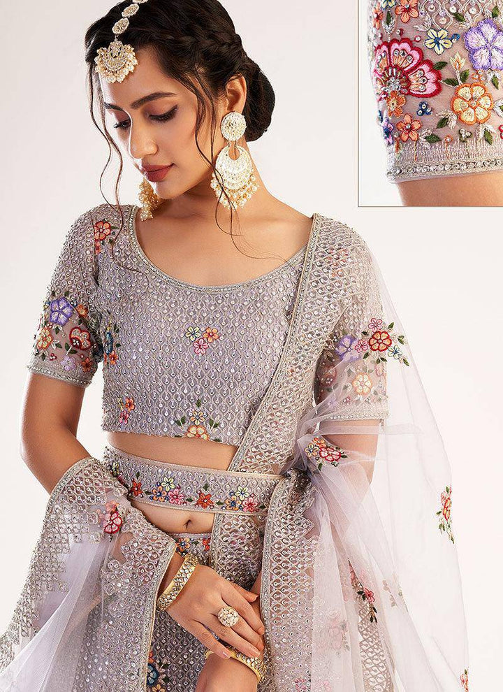 Lilac Purple Floral Embroidered Soft Net Wedding Lehenga Choli (Fully Stitched) - Uboric