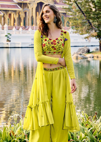 Lovely Fluorescence Green Exclusive Koti Style Co-Ords Palazzo Suit - Uboric