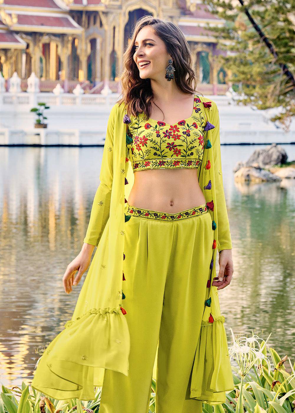 Lovely Fluorescence Green Exclusive Koti Style Co-Ords Palazzo Suit - Uboric