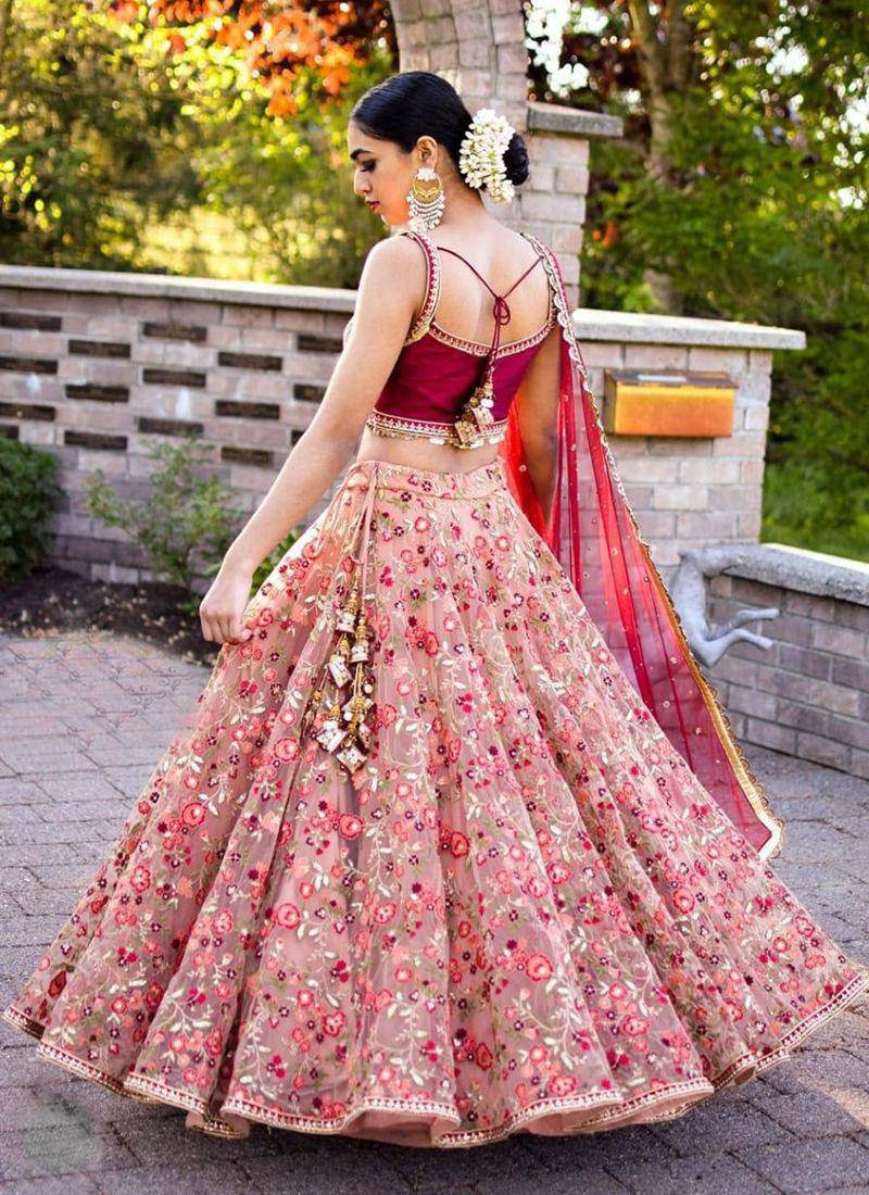 Majestic Peach Pink Art Silk Zari And Resham Work Lehenga Choli (Ready to Wear) - Uboric