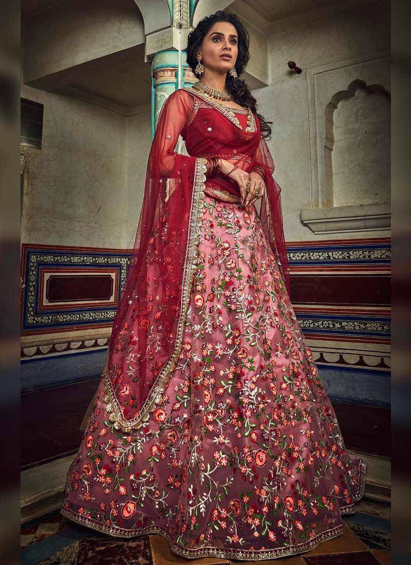 Majestic Peach Pink Art Silk Zari And Resham Work Lehenga Choli (Ready to Wear) - Uboric