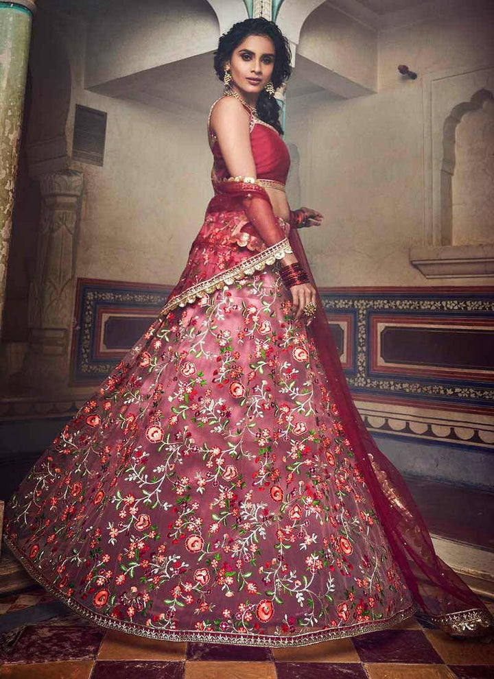 Majestic Peach Pink Art Silk Zari And Resham Work Lehenga Choli (Ready to Wear) - Uboric