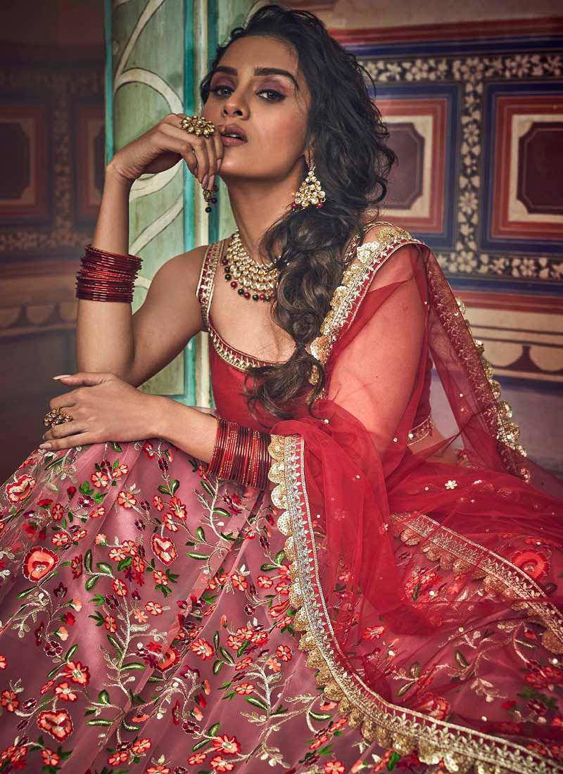 Majestic Peach Pink Art Silk Zari And Resham Work Lehenga Choli (Ready to Wear) - Uboric