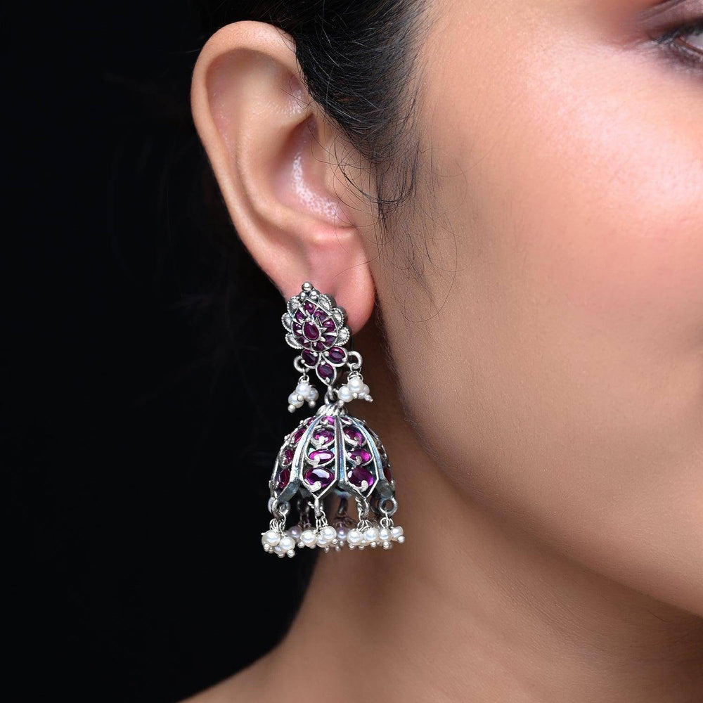 Manjari Silver Oxidised Ruby Jhumka - Uboric