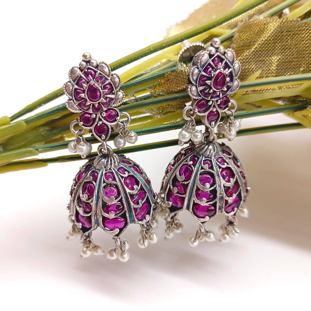 Manjari Silver Oxidised Ruby Jhumka - Uboric