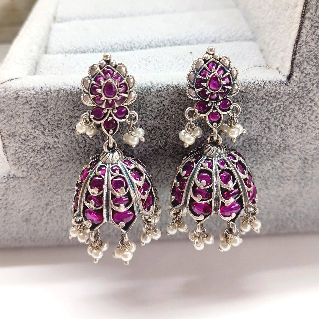 Manjari Silver Oxidised Ruby Jhumka - Uboric