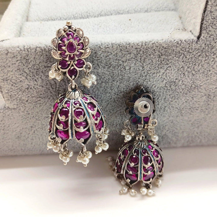 Manjari Silver Oxidised Ruby Jhumka - Uboric