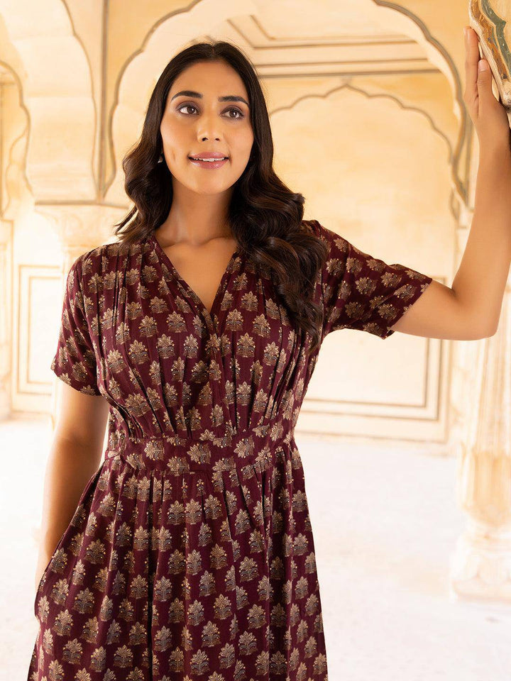 Marie Maroon Floral Printed Dress - Uboric