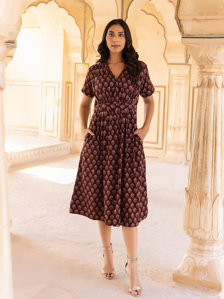 Marie Maroon Floral Printed Dress - Uboric