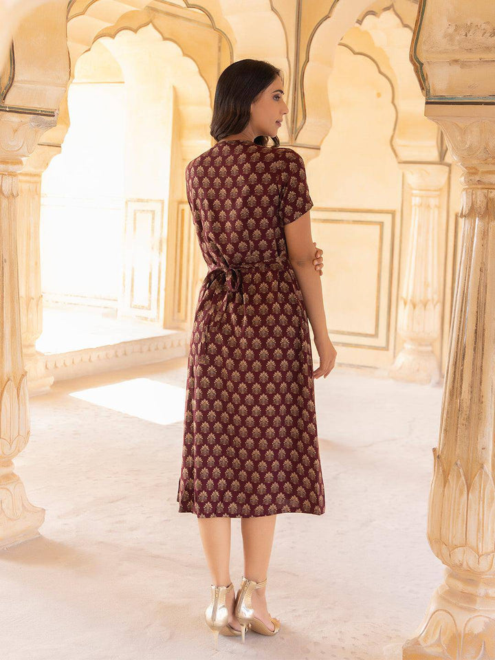 Marie Maroon Floral Printed Dress - Uboric