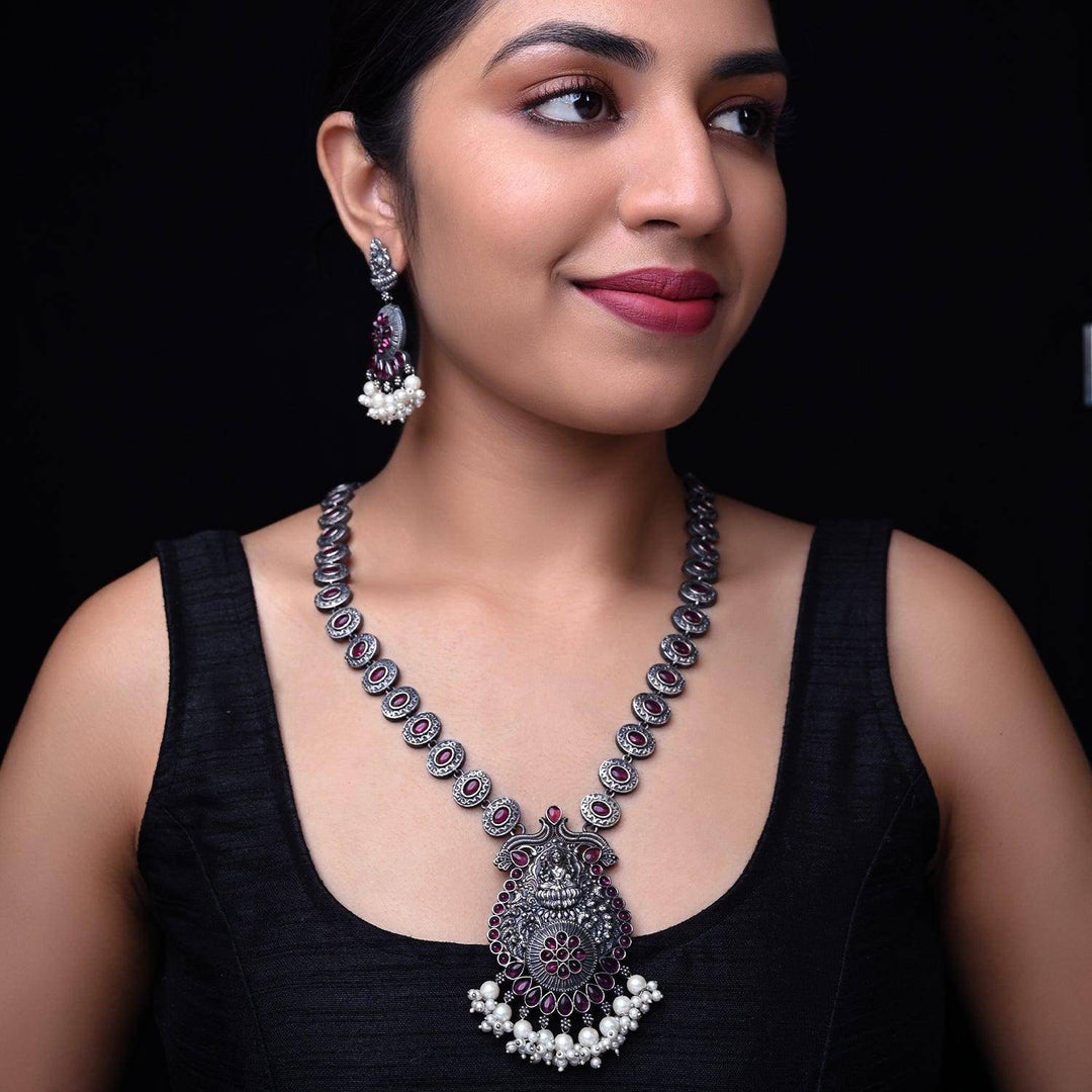 Meenu Oxidised Silver Long Ruby Set - Uboric