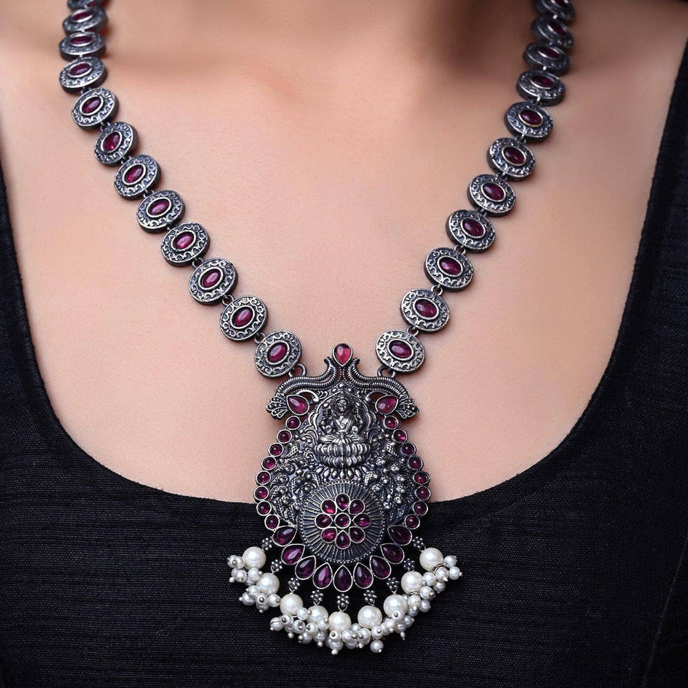 Meenu Oxidised Silver Long Ruby Set - Uboric