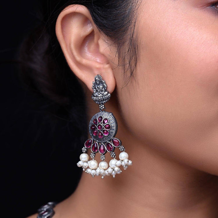 Meenu Oxidised Silver Long Ruby Set - Uboric