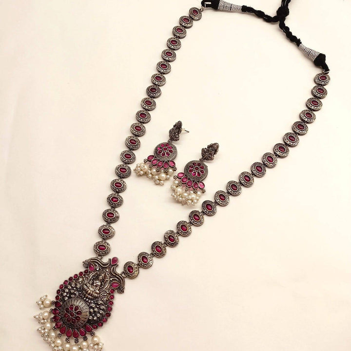 Meenu Oxidised Silver Long Ruby Set - Uboric