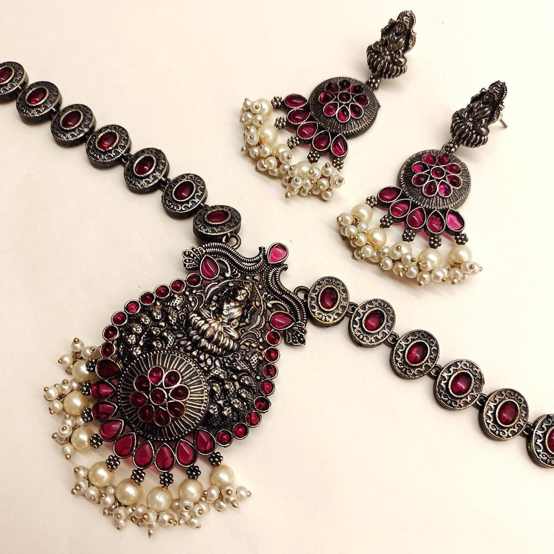 Meenu Oxidised Silver Long Ruby Set - Uboric