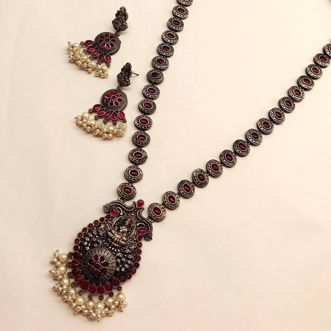 Meenu Oxidised Silver Long Ruby Set - Uboric