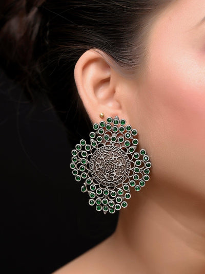 Mehru Big Oxidised Stud Earrings In Green - Uboric