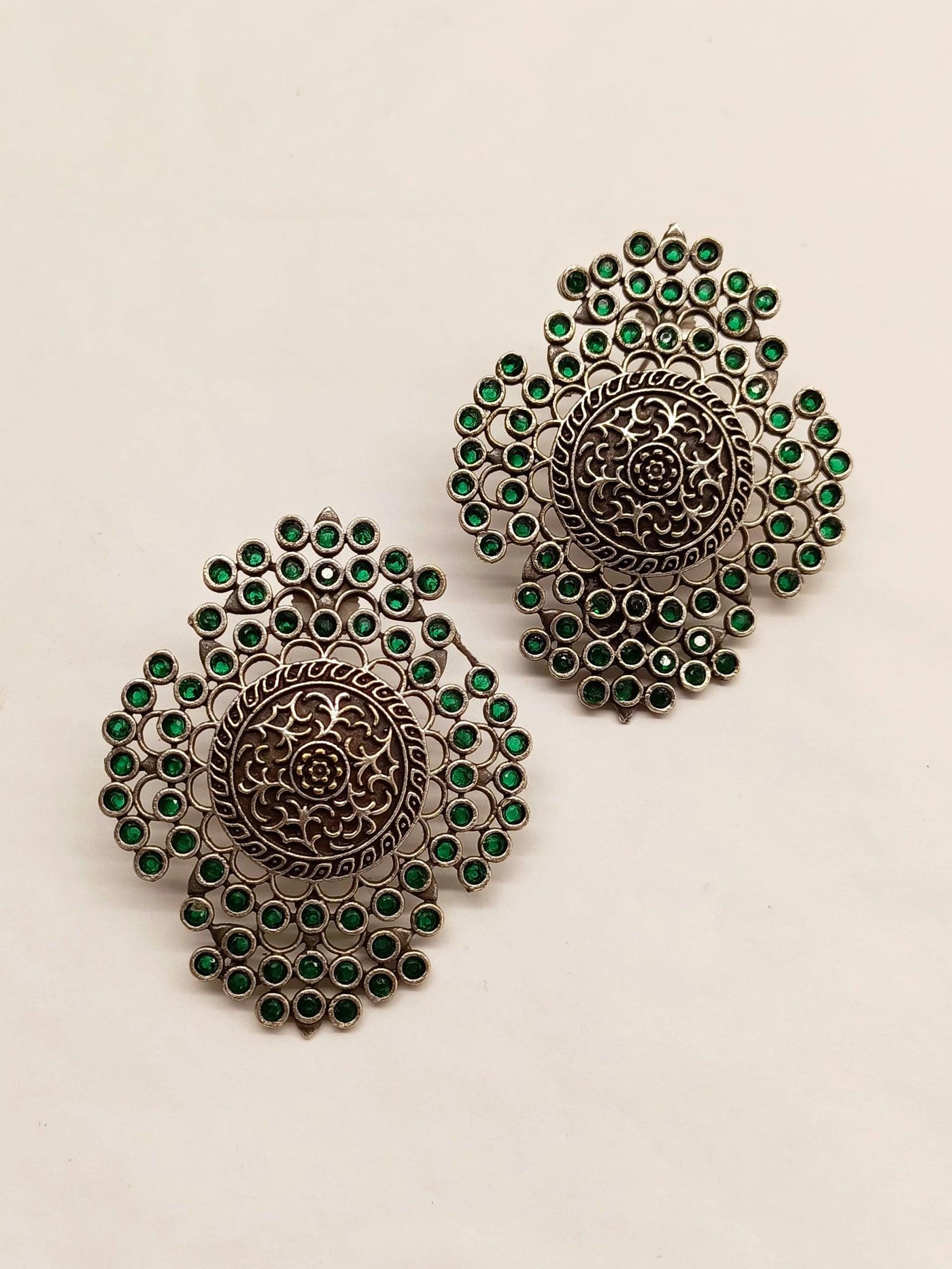 Mehru Big Oxidised Stud Earrings In Green - Uboric