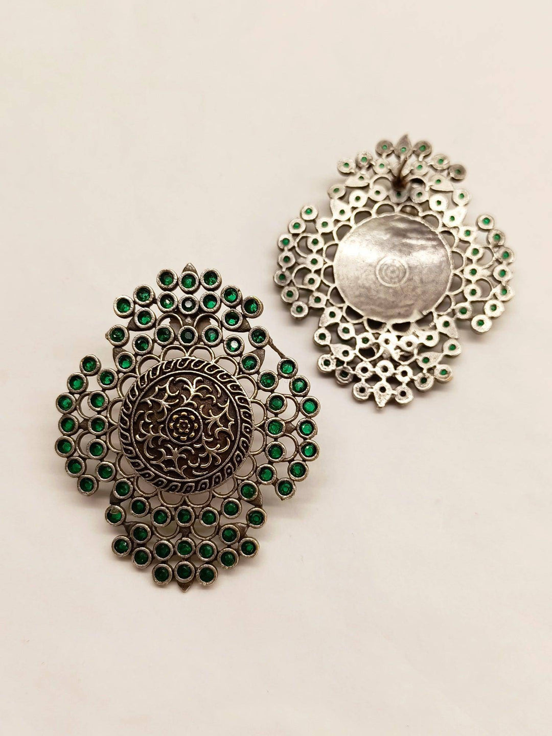 Mehru Big Oxidised Stud Earrings In Green - Uboric