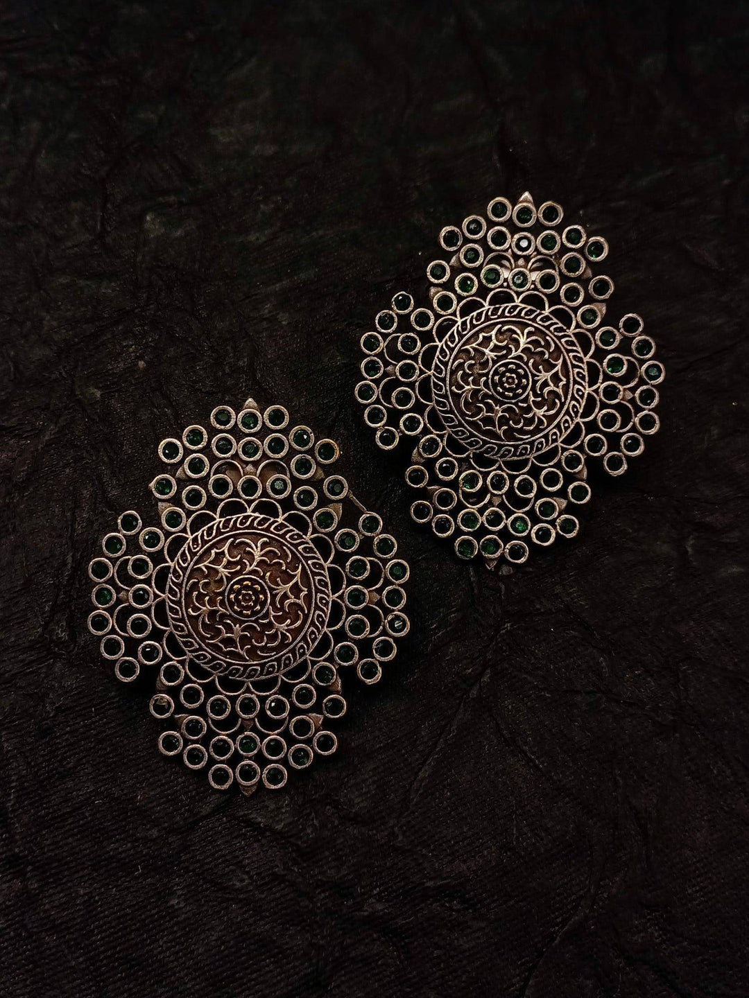 Mehru Big Oxidised Stud Earrings In Green - Uboric